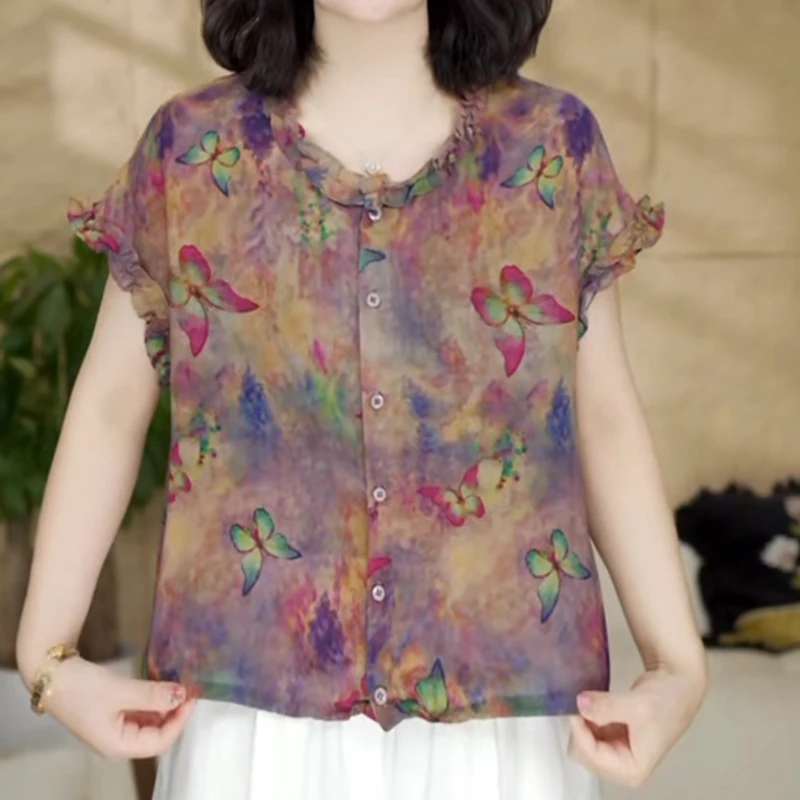 中年女士气质短袖开衫2025夏装显瘦T恤百搭新款时尚减龄印花上衣