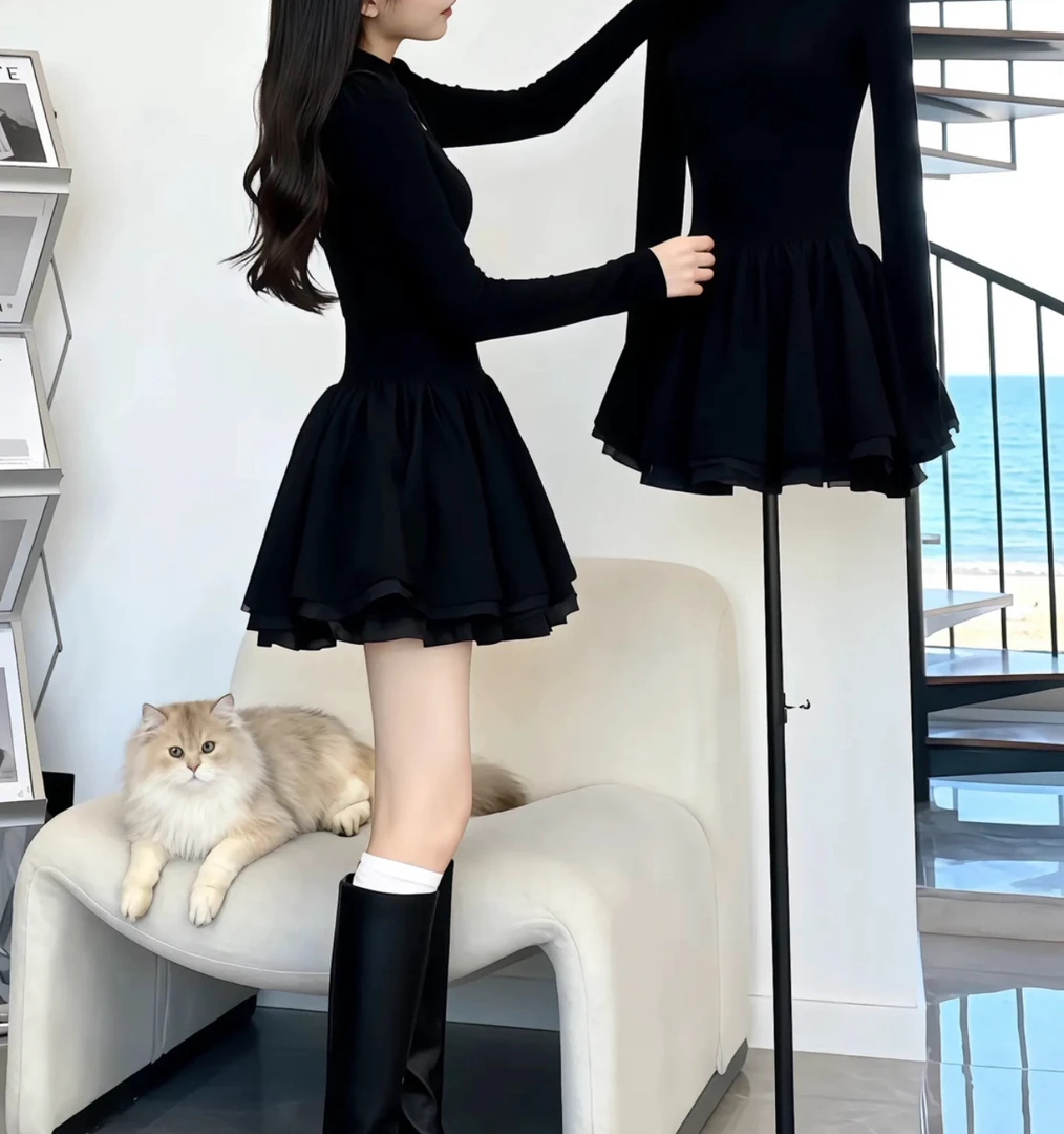 赫本风千金黑色收腰长袖蓬蓬连衣裙子新款打底裙
