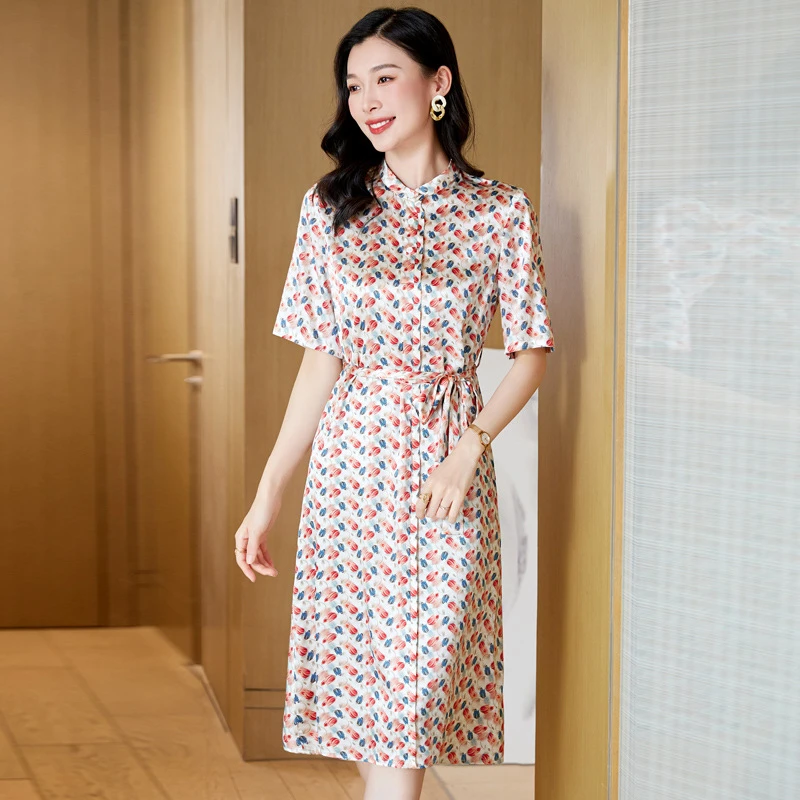 重磅缎面碎花真丝连衣裙女2023年夏装显瘦休闲时尚立领桑蚕丝裙子