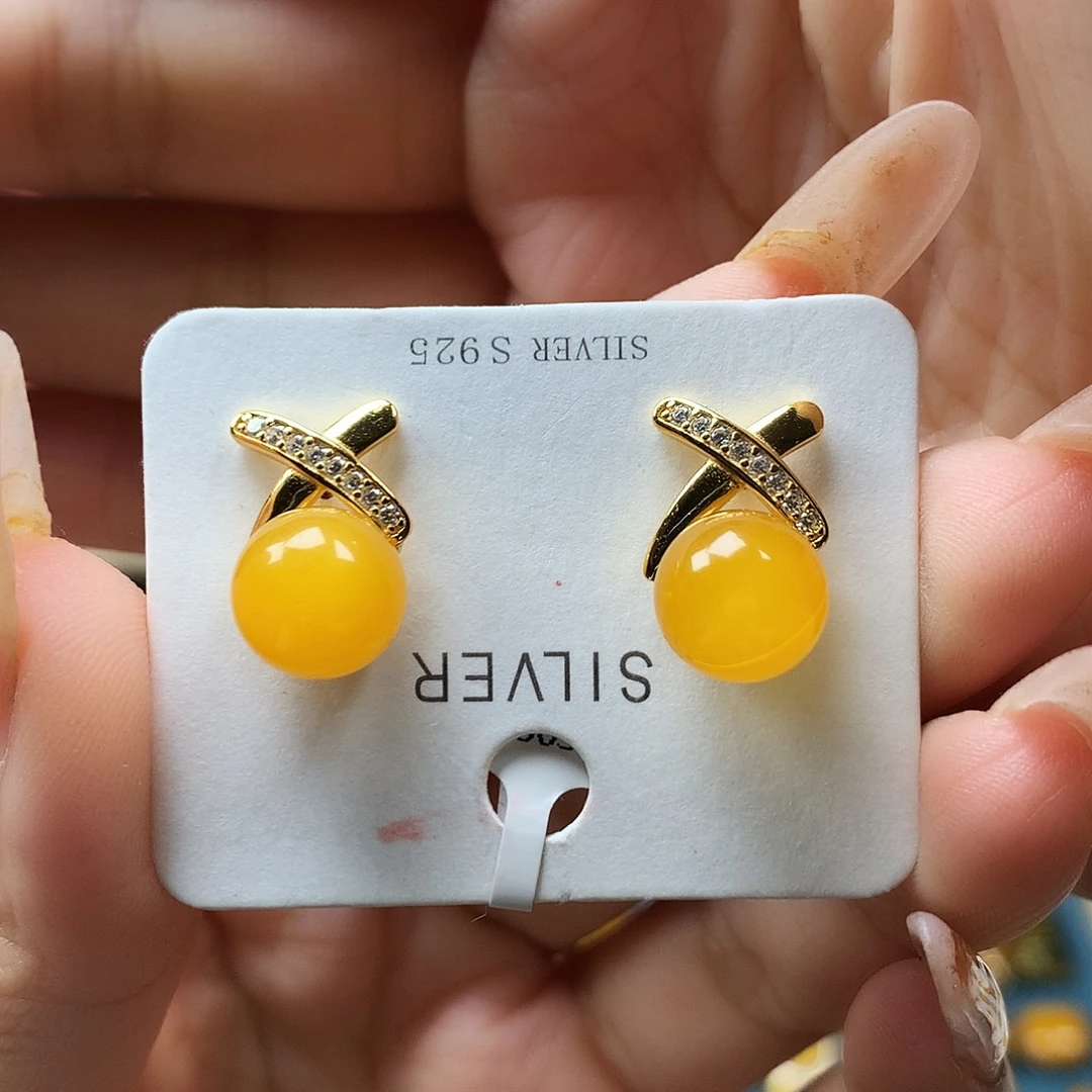 银S925镶嵌蜜蜡耳饰耳钉