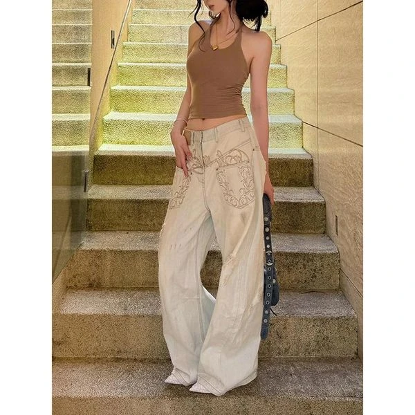 美式复古浅色刺绣弯刀牛仔裤女2025秋季宽松直筒阔腿拖地镰刀裤子