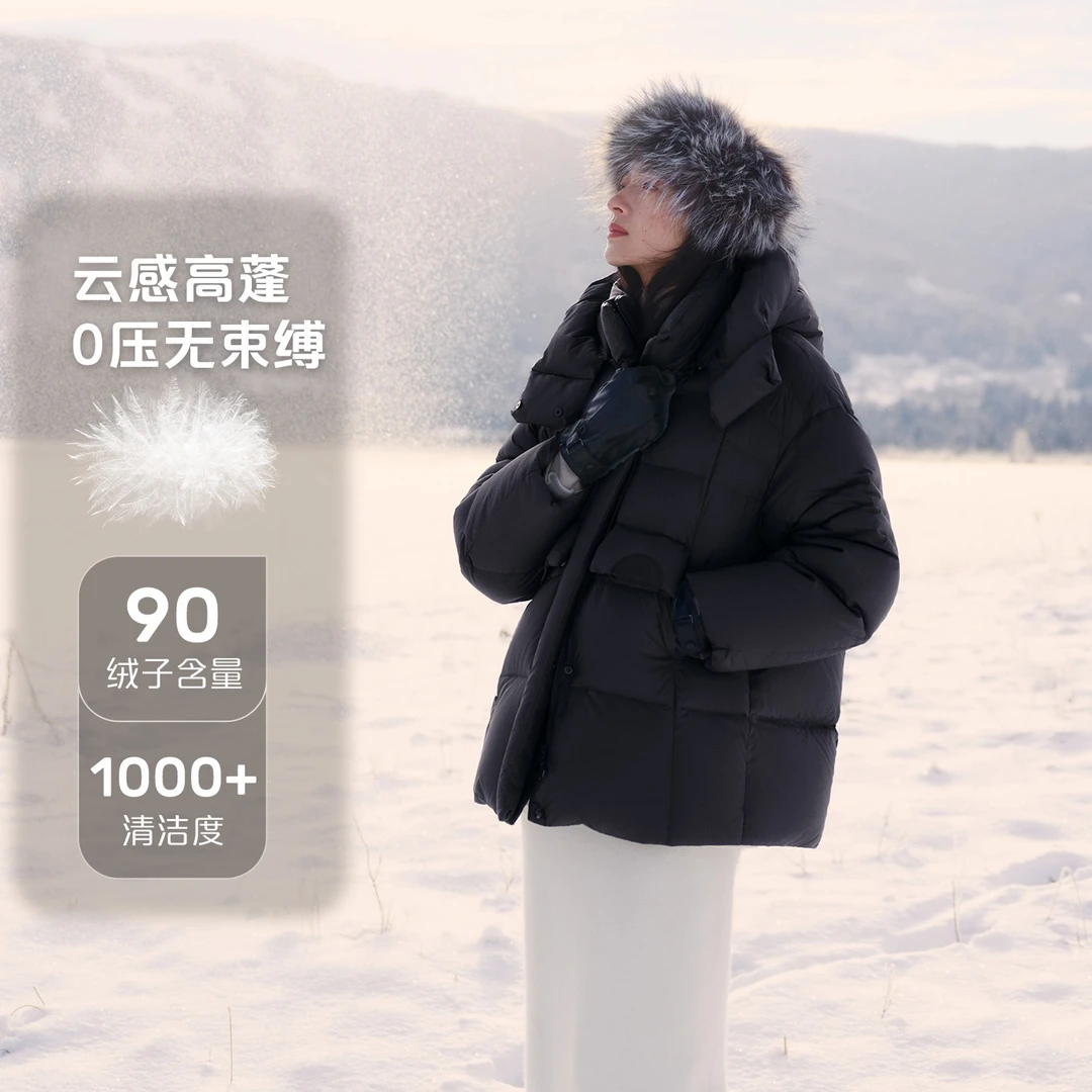 艾莱依时装女款轻职风量感龟背泡芙一手长大衣厚款保暖3087