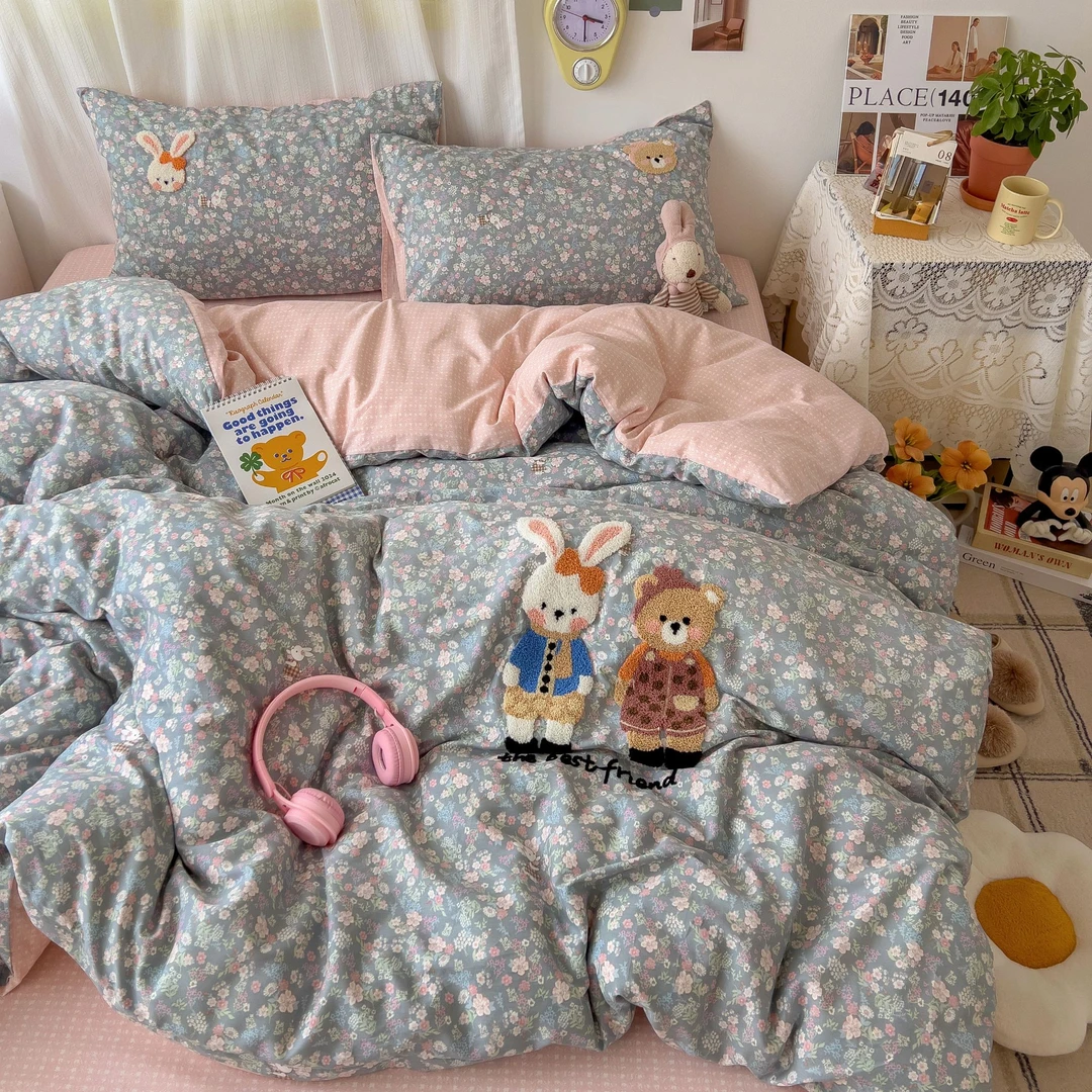 100%全棉毛巾绣四件套可爱纯棉被套学生宿舍床单三件套棉床上用品