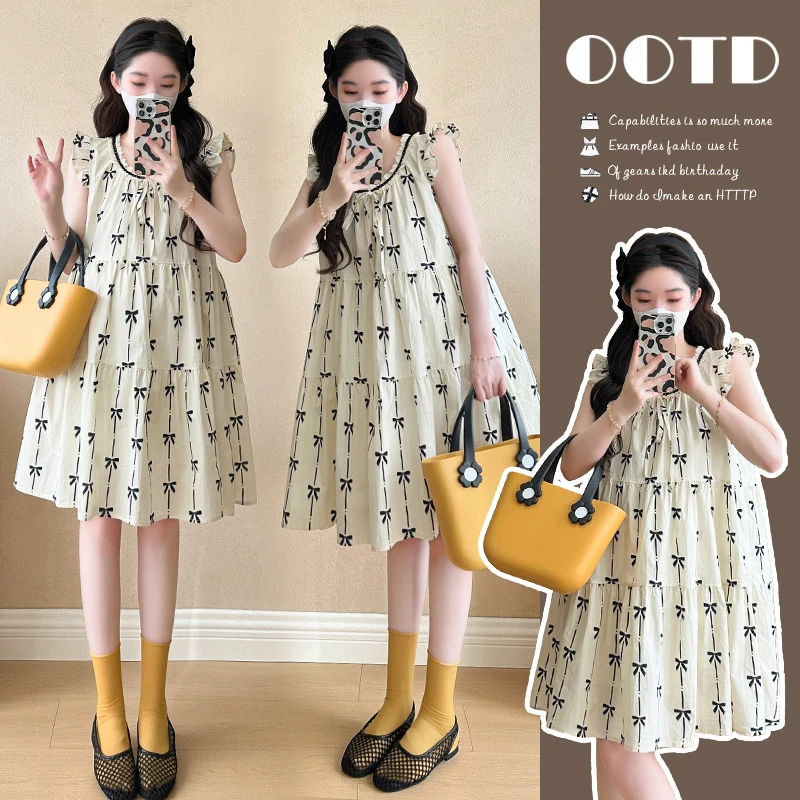 小个子时尚孕妇装夏季新款洋气法式小飞袖蝴蝶结印花宽松连衣裙女