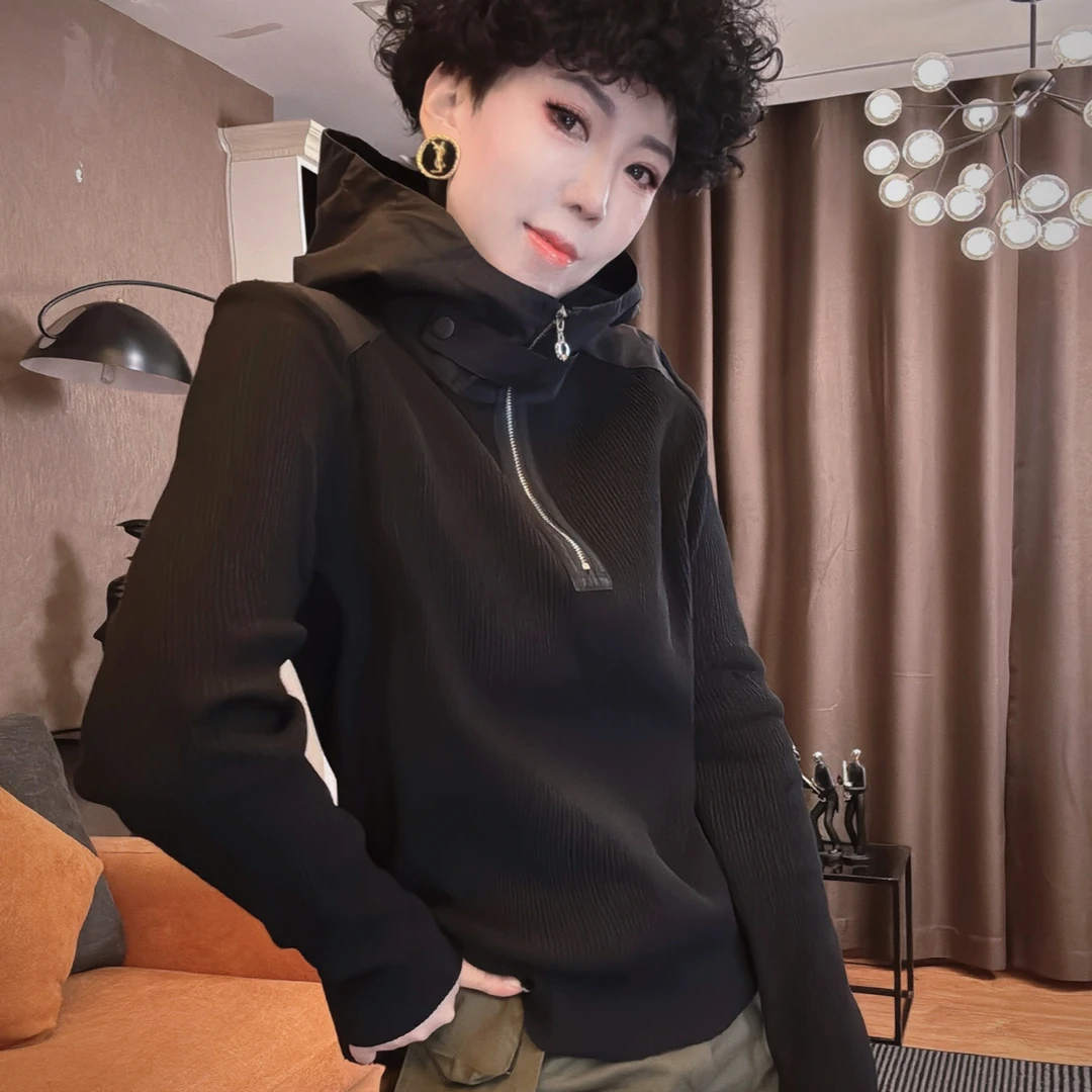 【妮菲丝娅】螺纹棉拉链连帽常规极简风长袖潮流帽衫25577