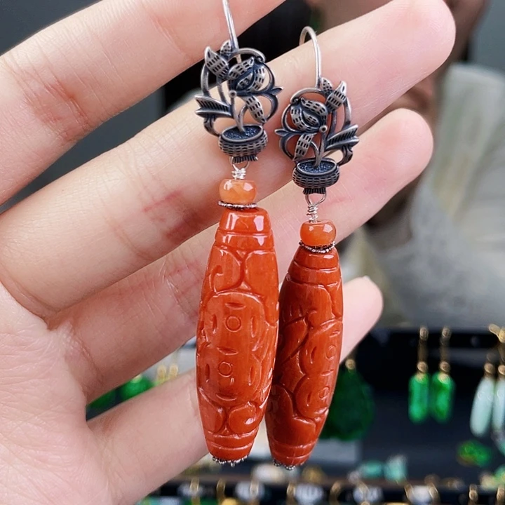 翡翠耳饰银S925镶嵌饰品