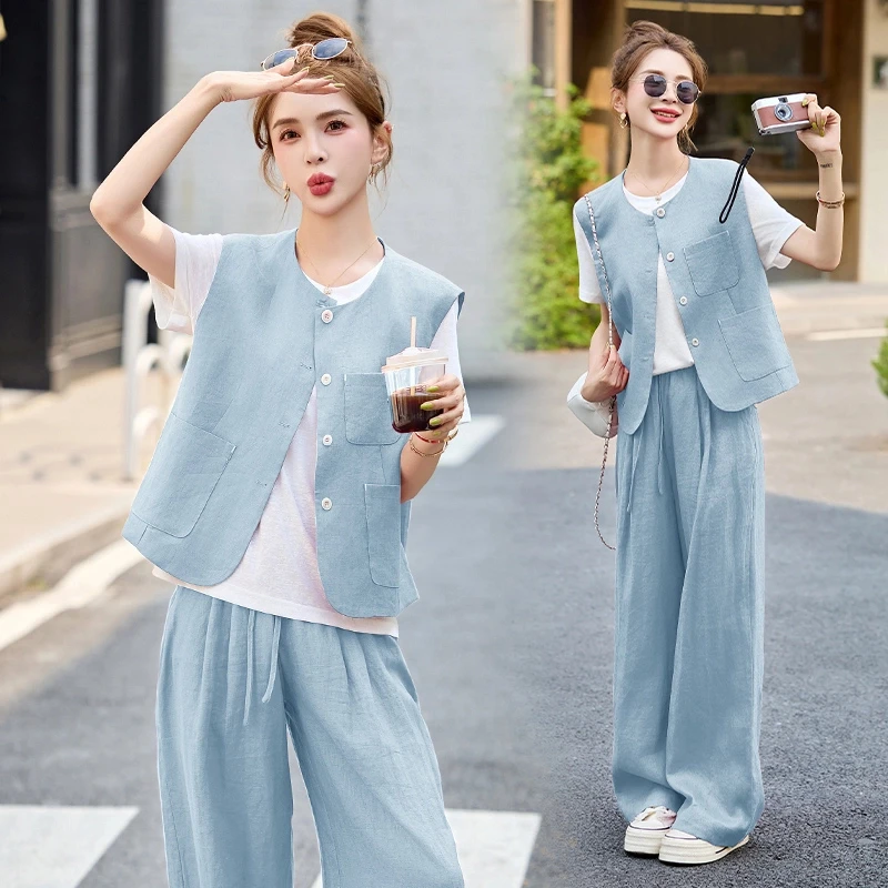 休闲麻料马甲套装女2025年夏季新款爆款洋气百搭T恤阔腿裤三件套
