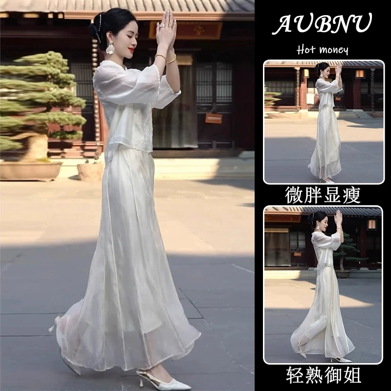 夏季流行新中式国风套装清冷禅意风轻奢高级感大方得体白色连衣裙
