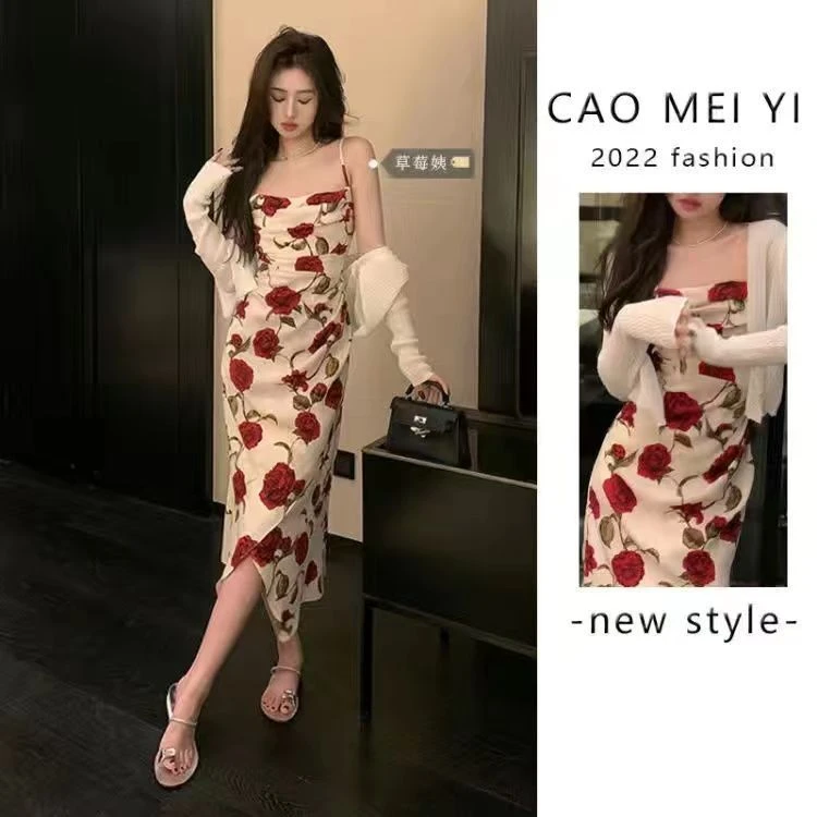 复古港风碎花吊带连衣裙套装女夏季新款开衫名媛法式碎花裙子