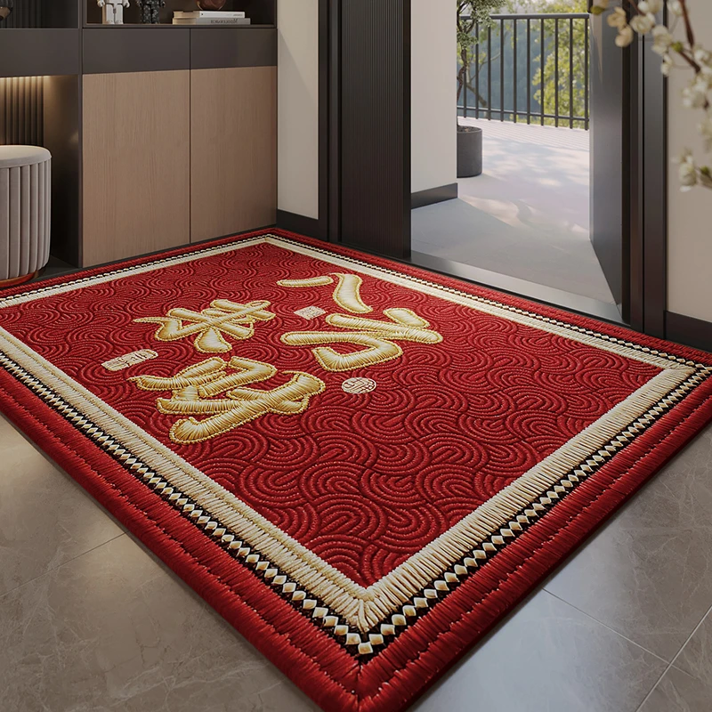 进门喜庆红色入户门地垫防滑刺绣玄关地垫家用大门口耐磨脚垫地毯