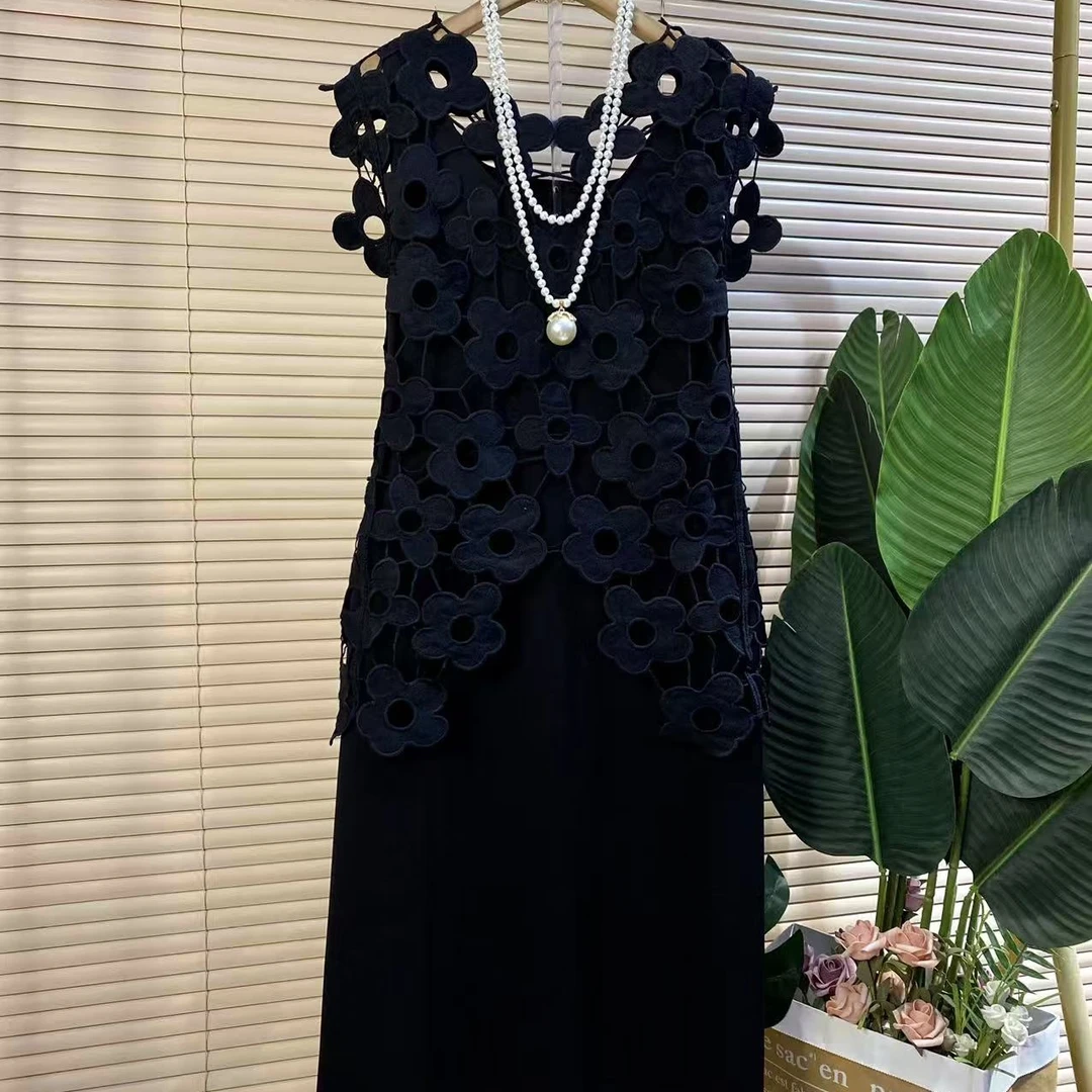 P胖mm欧货时尚新款镂空大花马甲背心连衣裙套装
