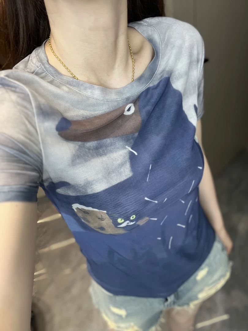 【金金家】2025新百搭涂鸦显瘦洋气时尚涂鸦网纱短袖上衣-5670#