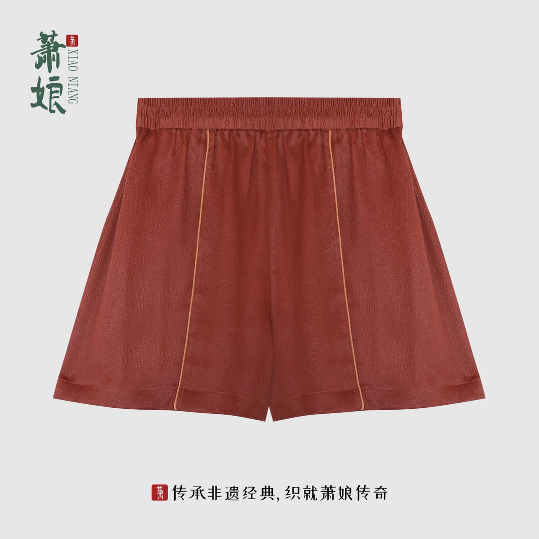 萧娘【枫荷】红云纱新中式短裤夏款桑蚕丝宽松国风女休闲裤1940