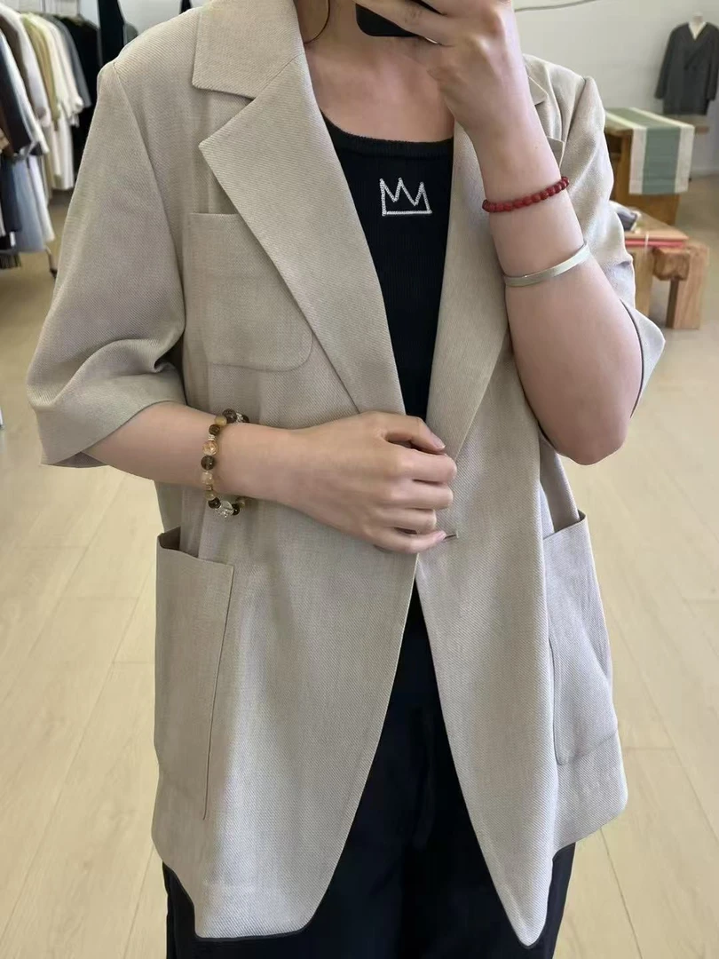 原单韩货夏季宽松休闲高级感外套松弛感老钱风单扣西服上衣半袖