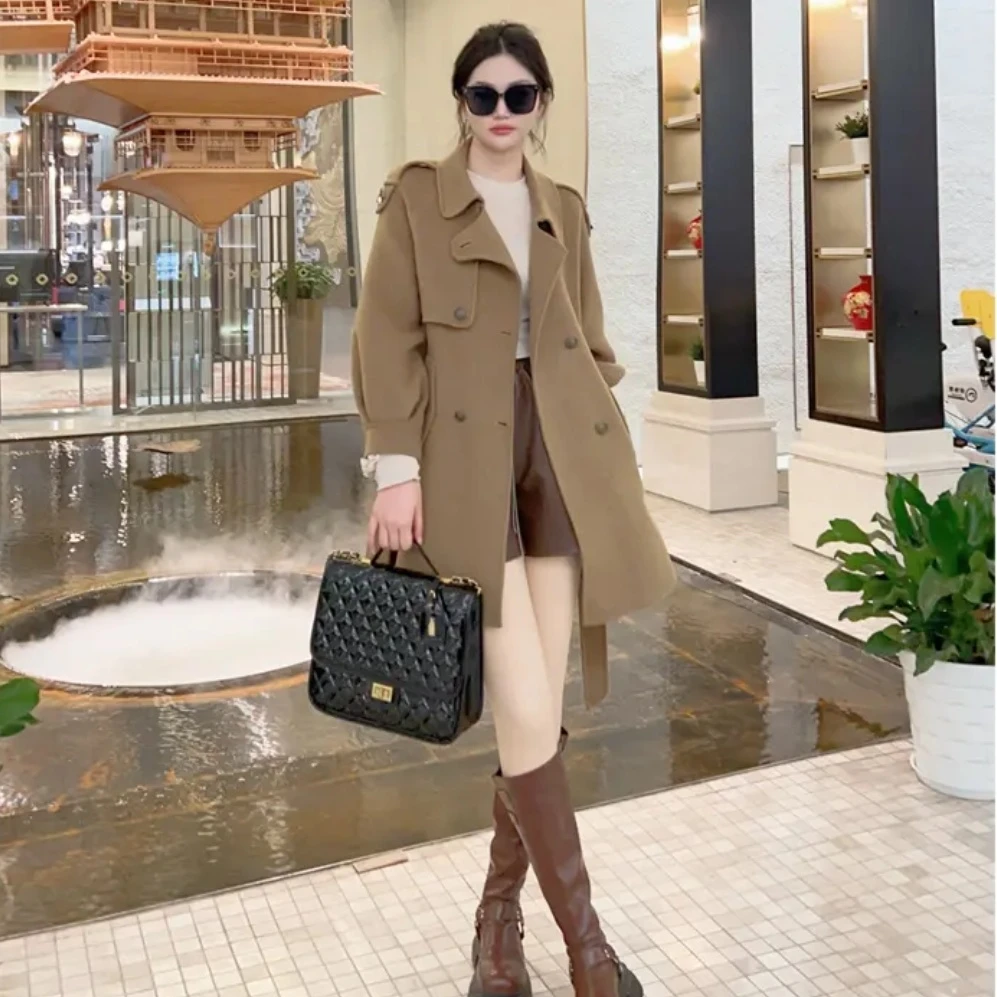 [花生小蜜蜂]双面羊毛大衣女2025秋季新款中长款气质显瘦毛呢外套