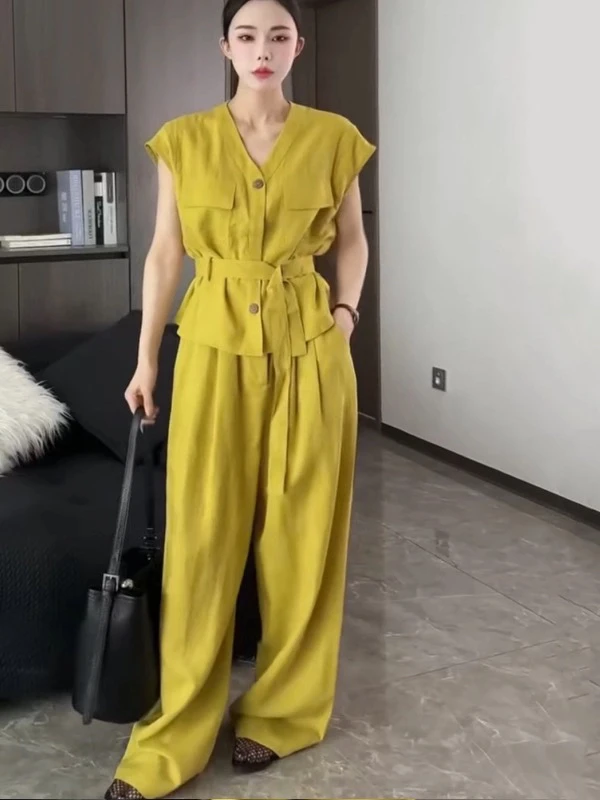 2025夏季气质V领单排扣飞飞袖系带衬衫+直筒阔腿裤两件套装女