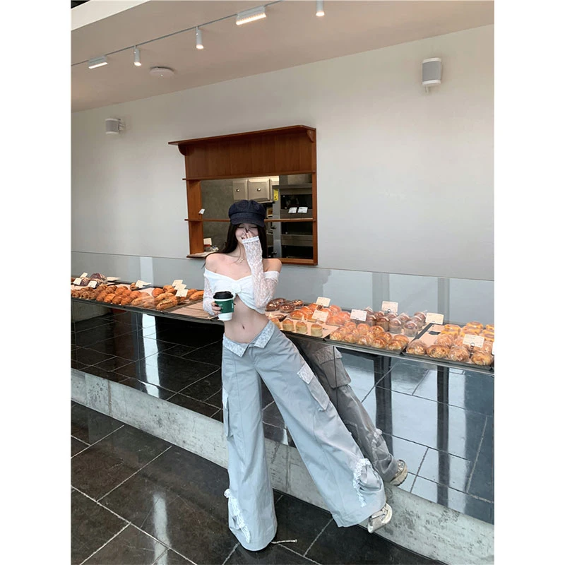 美式立体花朵蕾丝长袖短款上衣设计感蕾丝拼接阔腿长款裤子两件套