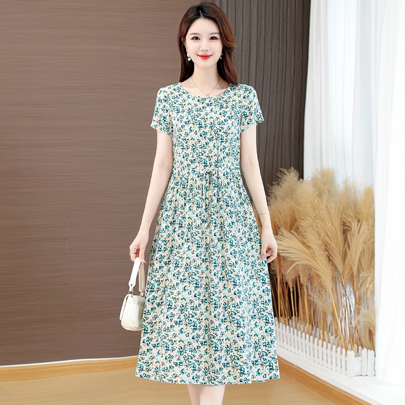 2025新款夏季棉绸连衣裙女人造棉绵绸印花收腰显瘦旅游沙滩长裙子
