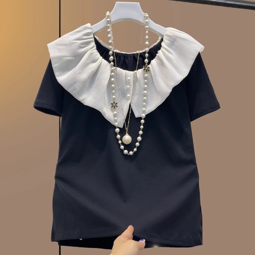 大码女装胖妹妹夏季圆领极简风时尚洋气气质蕾丝翻领设计感短袖