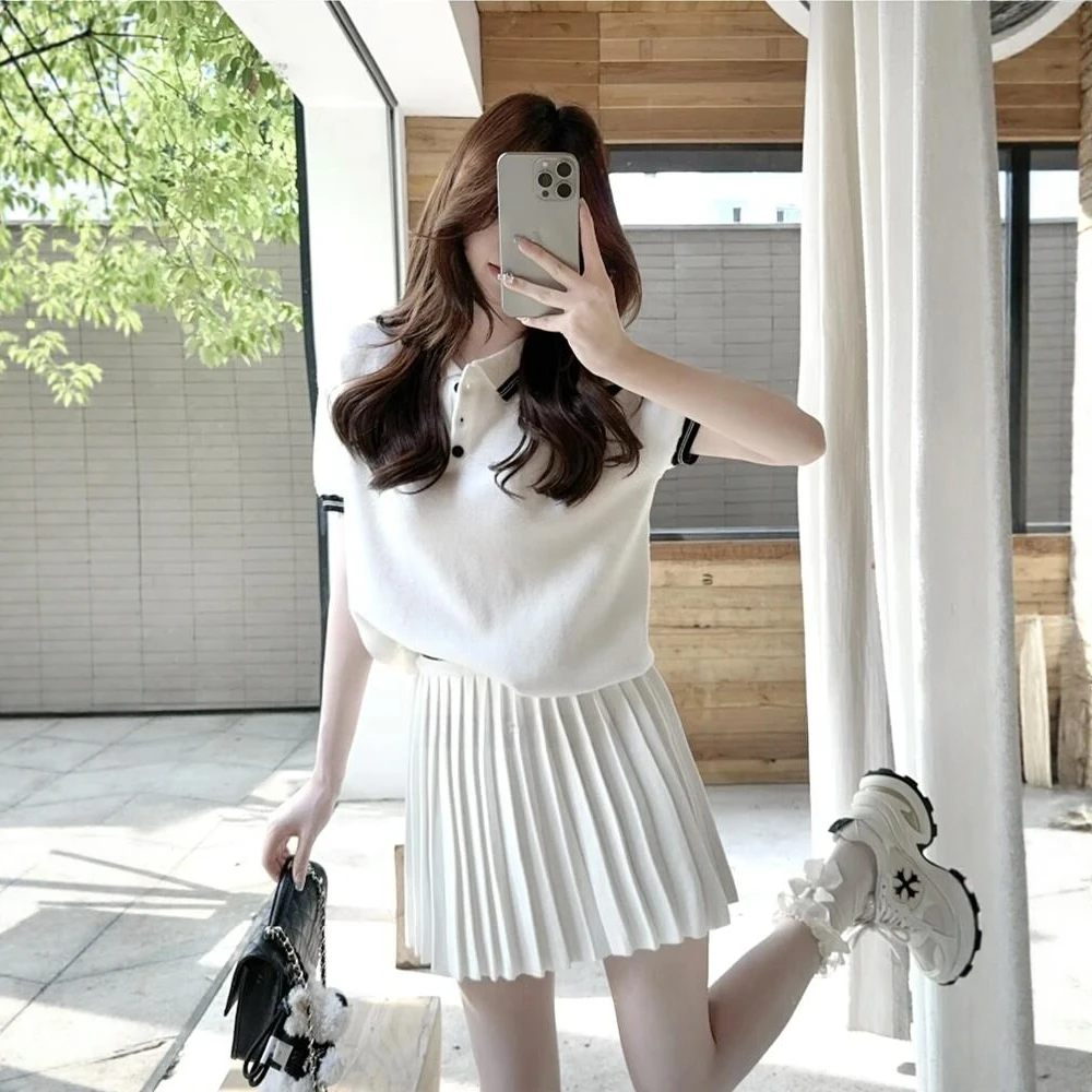 夏季搭配一整套大码胖mm高级感显瘦polo领上衣百褶半身裙两件套女