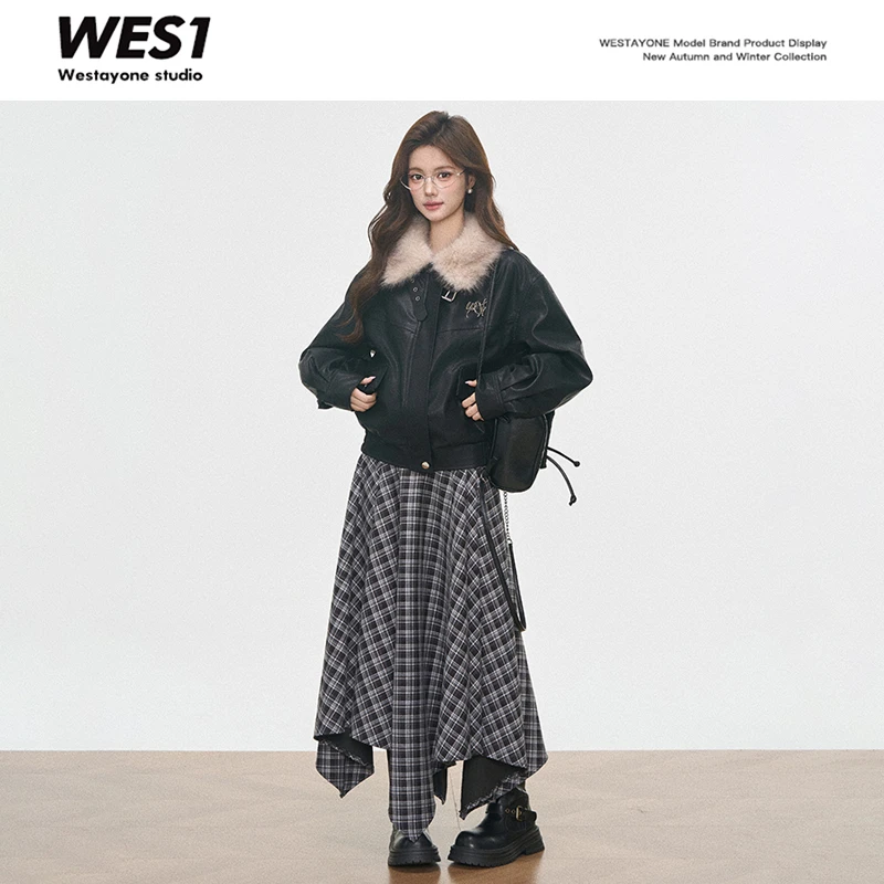 10.7新品 WESTAYONE黑色皮衣外套2025新款毛领棉服冬季+格纹长裙