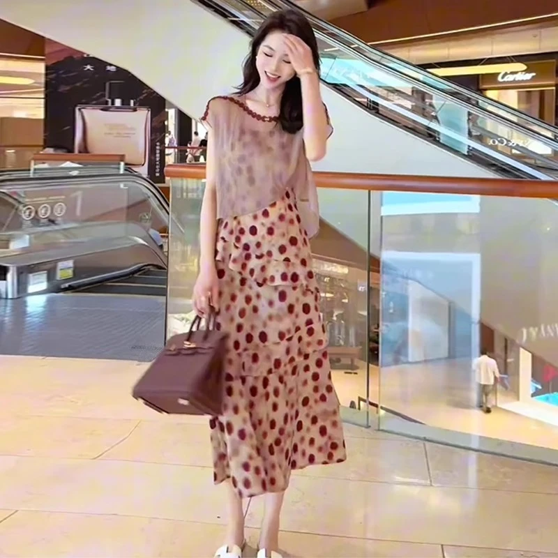 连衣裙女士爆款时尚气质短袖防晒罩衫荷叶边波点吊带裙洋气两件套