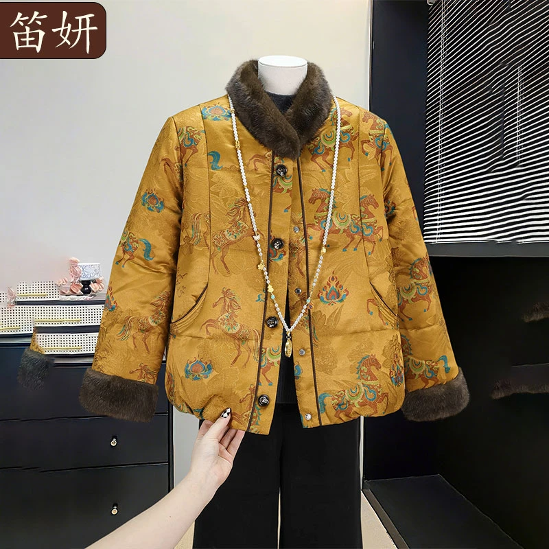 洋气妈妈装毛领羽绒服马到成功冬季新款中老年提花外套保暖羽绒服