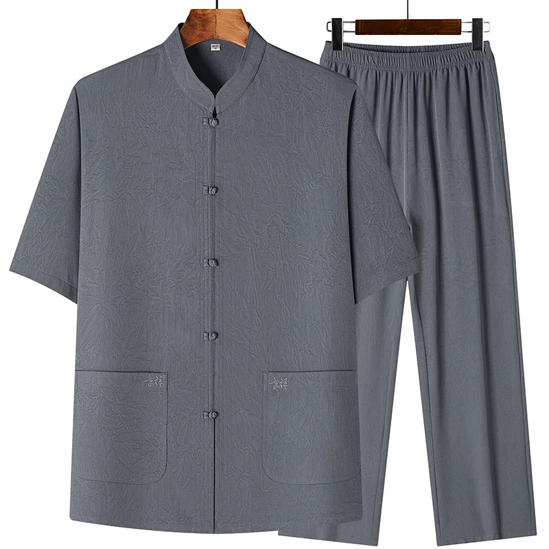 中老年唐装男夏季冰丝爸爸夏装父亲短袖套装爷爷新中式两件套衣服