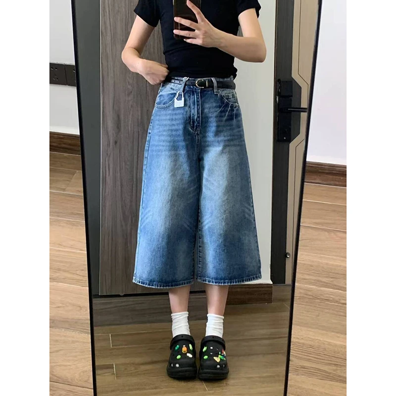 美式复古水洗纹七分牛仔裤女夏新款高腰宽松阔腿垂感直筒八分中裤