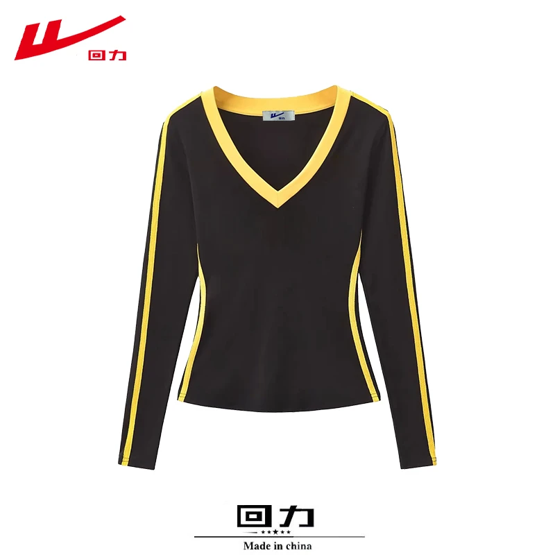 回力秋冬季V领磨毛棉长袖T恤女打底衫修身常规辣妹多巴胺百搭