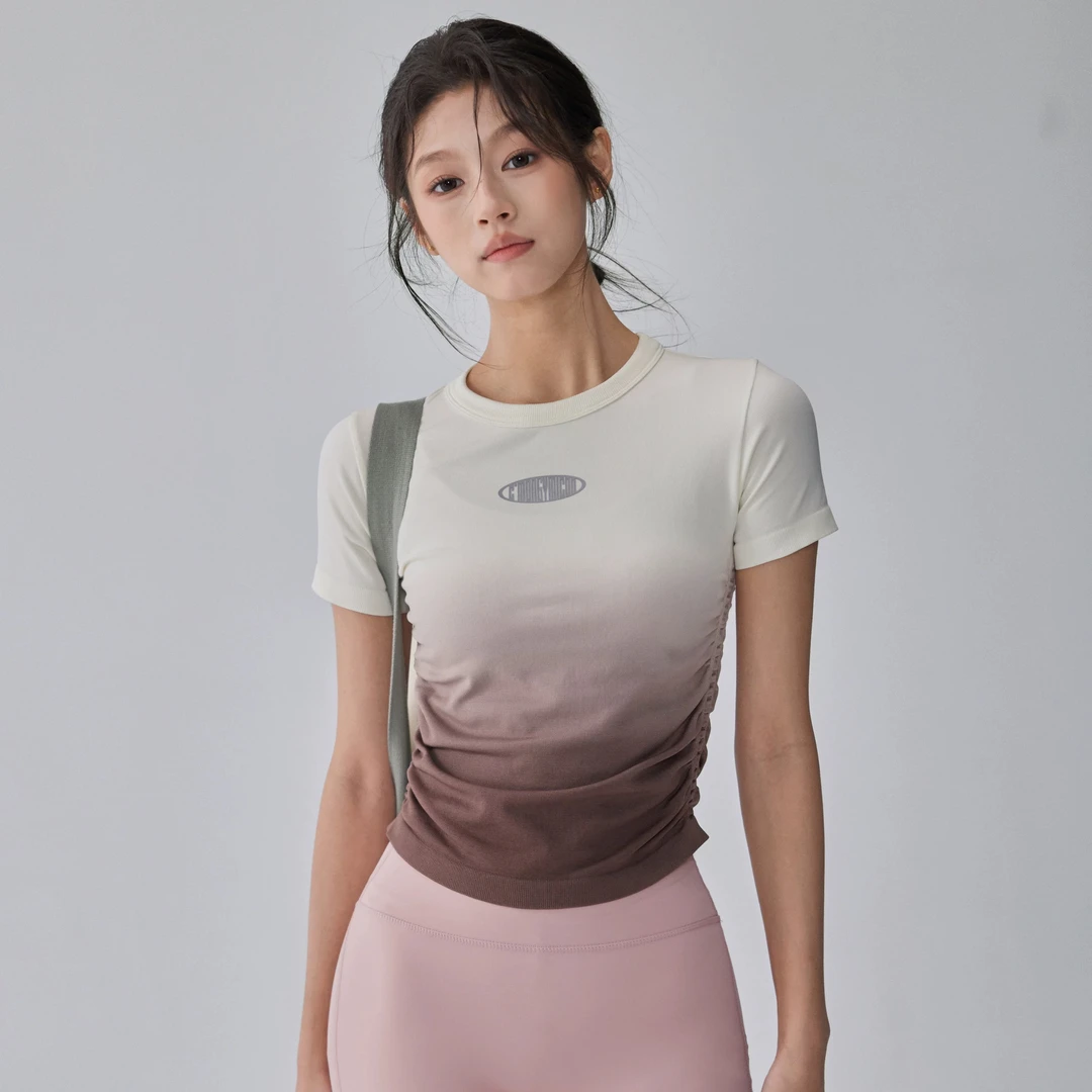 渐变紧身瑜伽服显瘦透气骑行新款跑步训练上衣弹力速干运动短袖夏