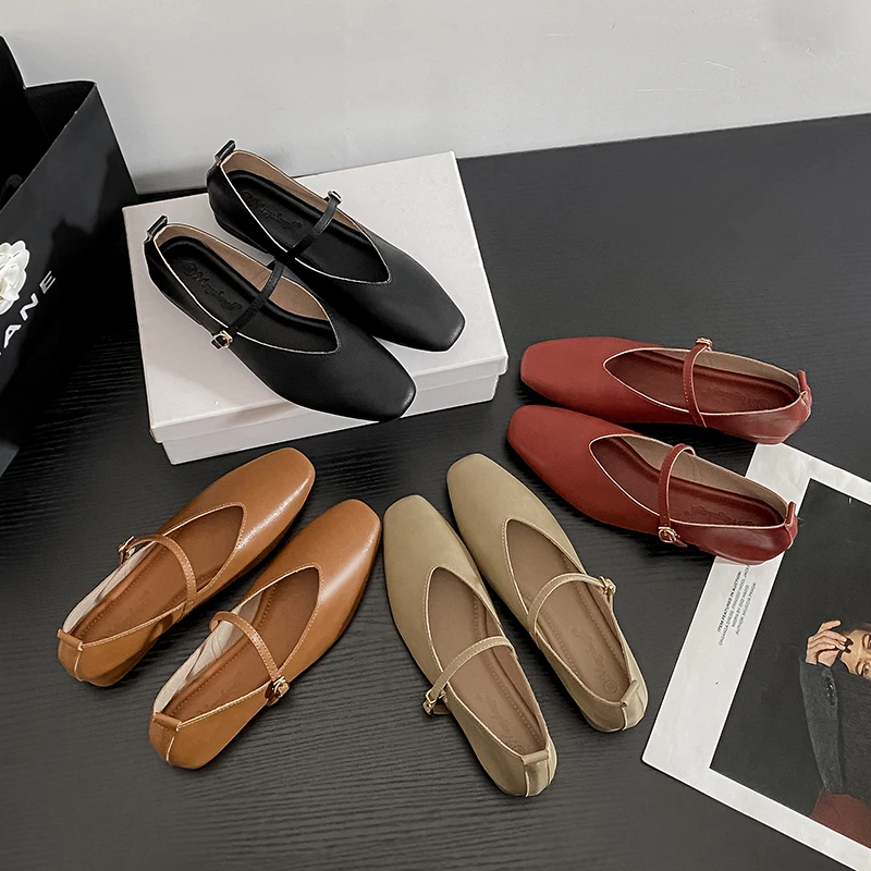 牛皮版~V口小方头奶奶鞋夏季浅口单鞋低跟复古一字扣带玛丽珍女鞋