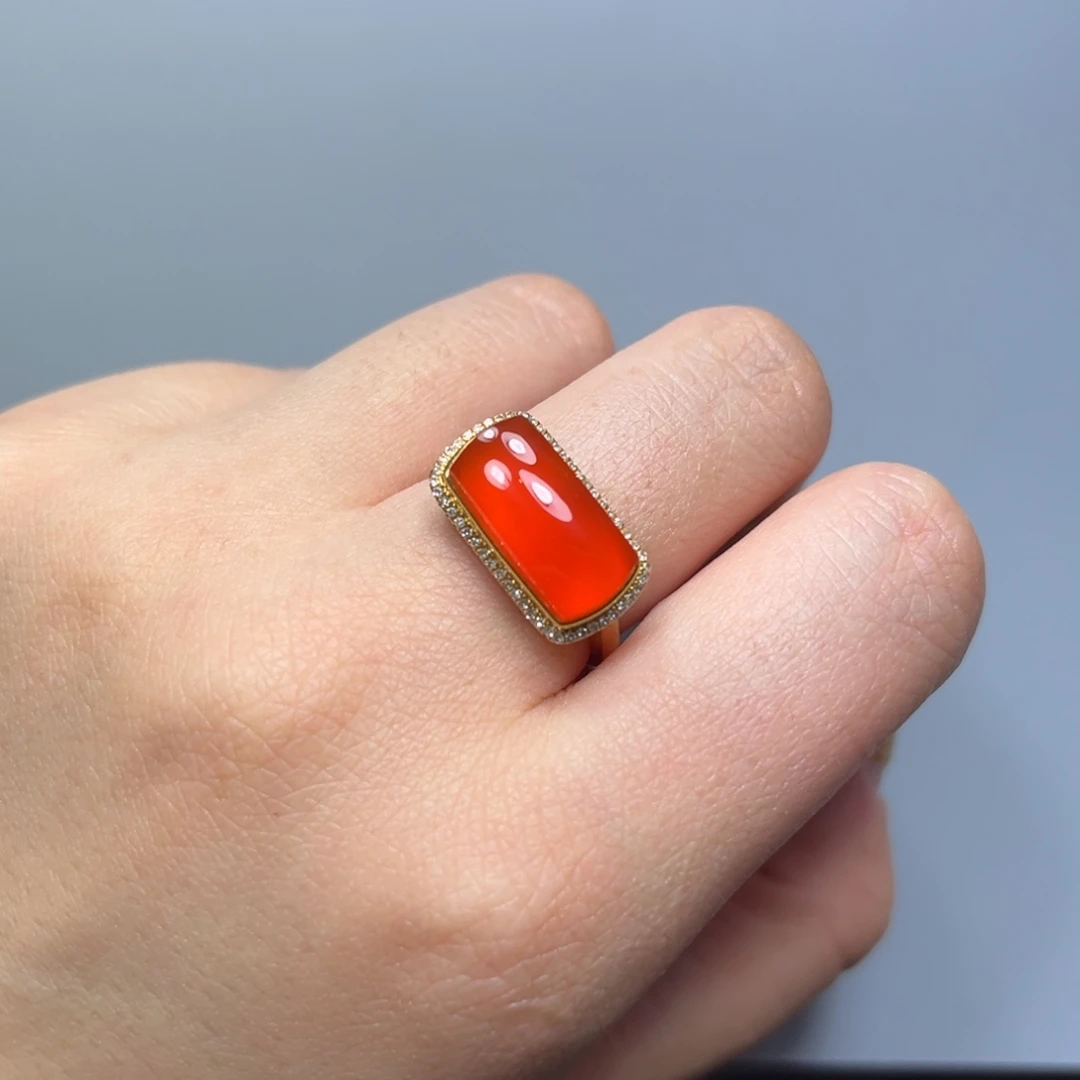 南红玛瑙冰红戒指河湾18K金镶嵌
