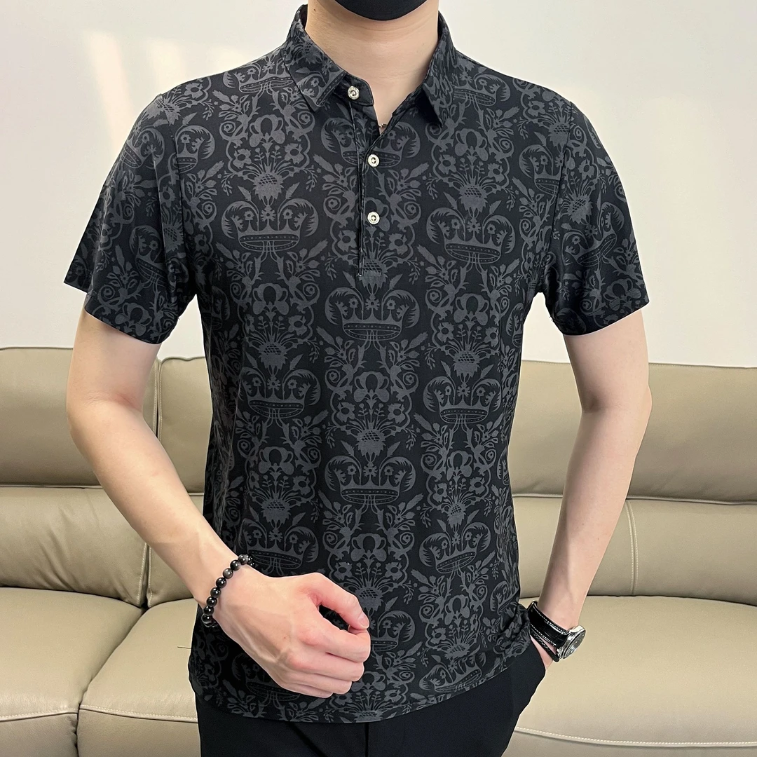 中老年男士夏季冰丝提花短袖polo衫宽松休闲时尚薄款印花翻领衬衫