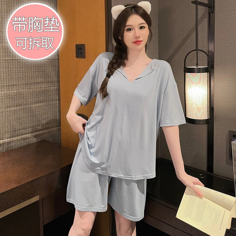 纯色莫代尔短袖睡衣女生夏季新款韩版少女ins风宽松大码200斤可穿