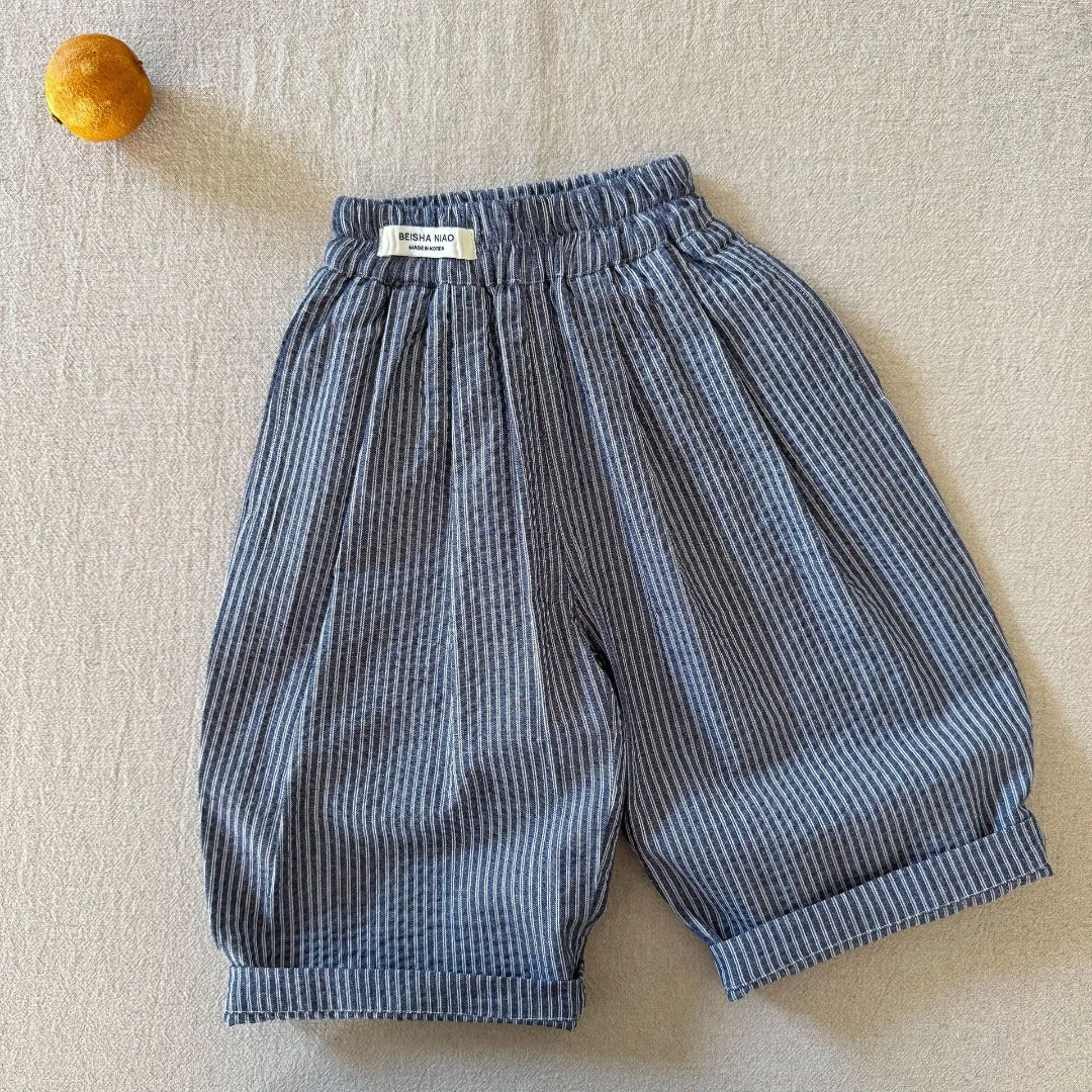 夏季中小童休闲裤2025新款潮酷条纹夏装男童女童洋气百搭阔腿裤