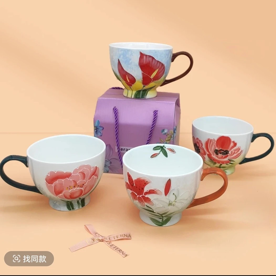 大瑭手绘早餐杯纯手工手绘陶瓷浮雕牛奶杯燕麦片杯手绘可爱少女心