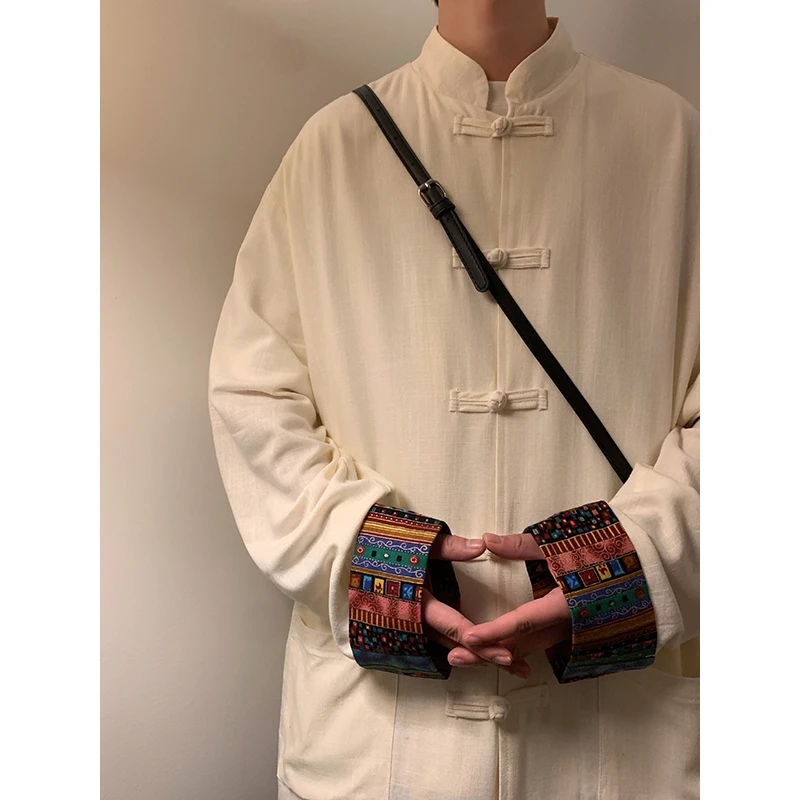 米白色亚麻衬衫男民族风印花新中式盘扣唐装中国风宽松长袖中山装