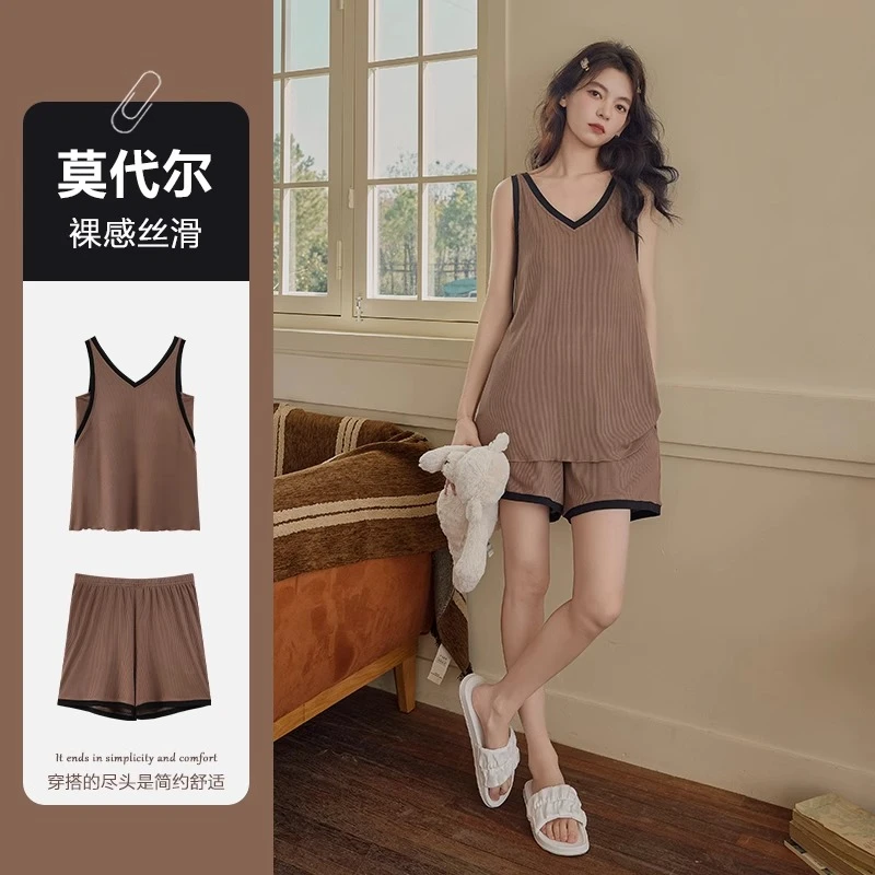 睡衣女款夏季冰丝薄款吊带自带胸垫无袖背心短裤防走光家居服套装