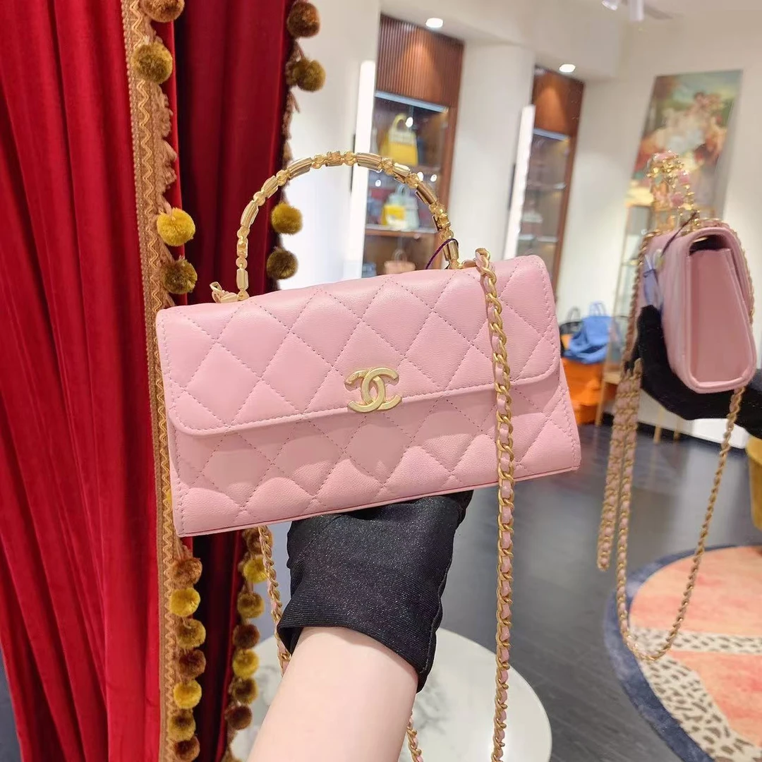95新 Chanel/香奈儿 22b珐琅手柄kelly大号粉色芯片款/71018311