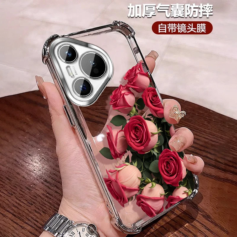 适用华为pura70手机壳女款透明防摔pura70pro+硅胶自带镜头膜花朵