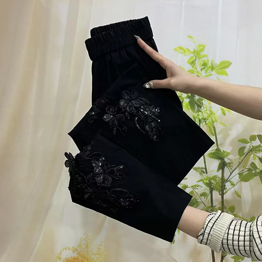 欧货时尚重工亮片串珠设计直筒裤女春夏八分烟管裤显瘦休闲面膜裤