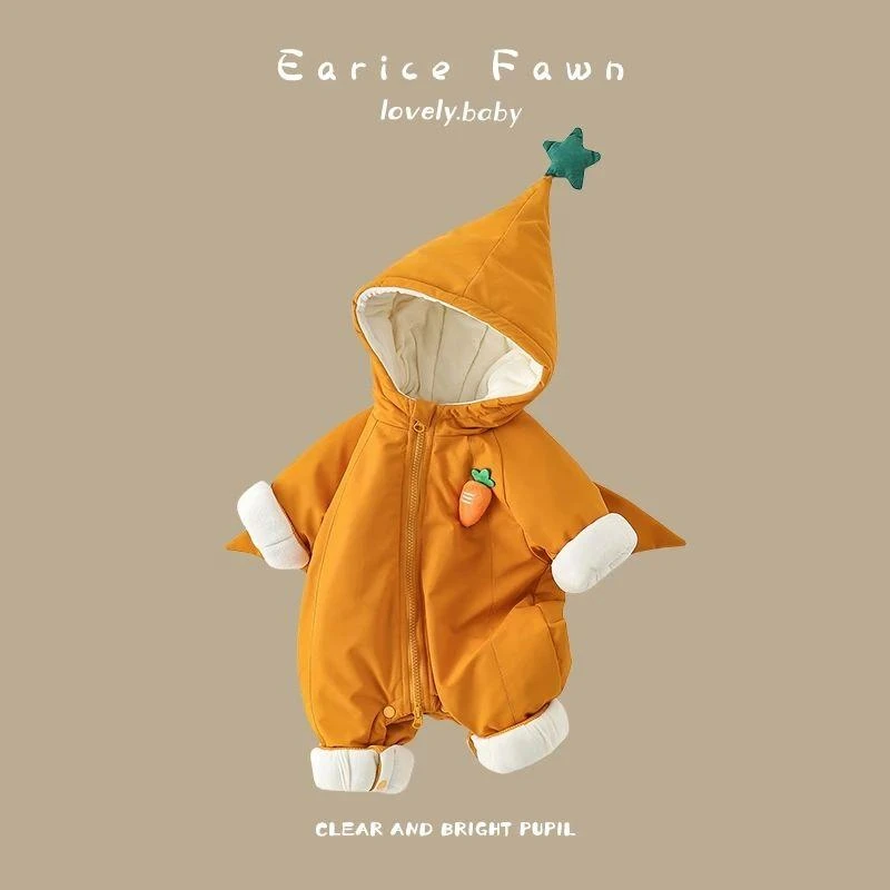 秋冬季可爱南瓜连体衣婴儿哈衣加厚外出服新生儿保暖加绒爬服宝宝