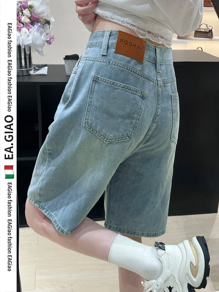 怀旧蓝牛仔裤女夏季新款高腰宽松直筒阔腿百搭中裤七分裤
