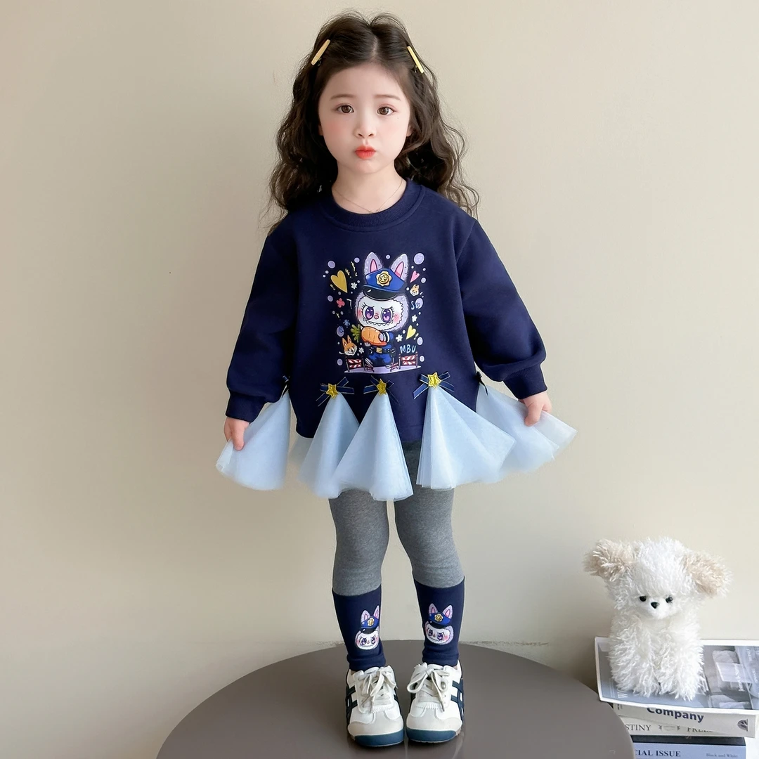 女小童洋气时髦套装春秋季宝宝卡通卫衣秋装2025新款打底裤两件套