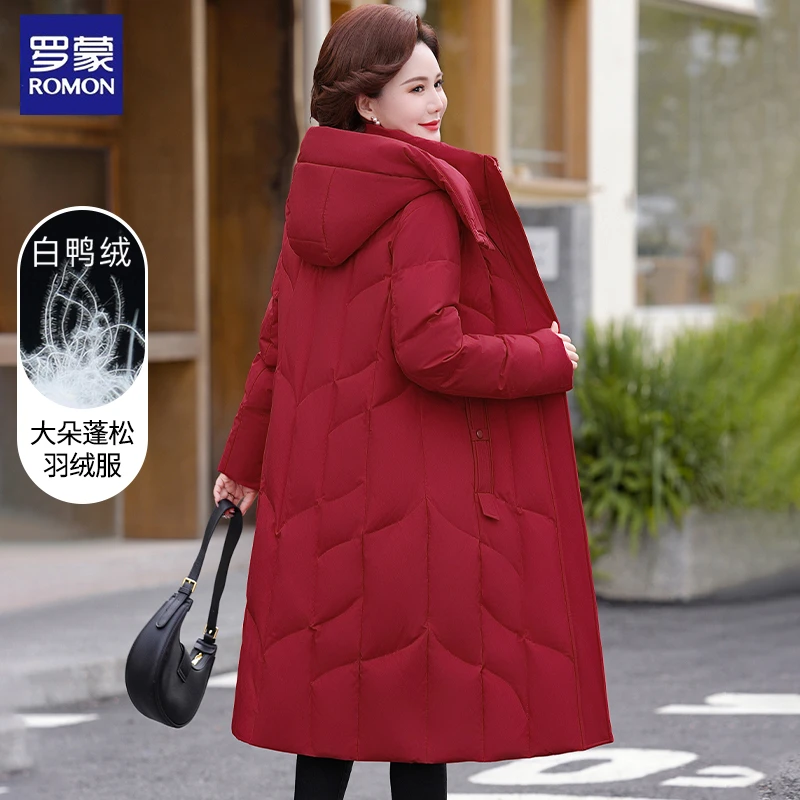 罗蒙中老年羽绒服女长款2025冬季新款妈妈装加厚大码过膝修身外套