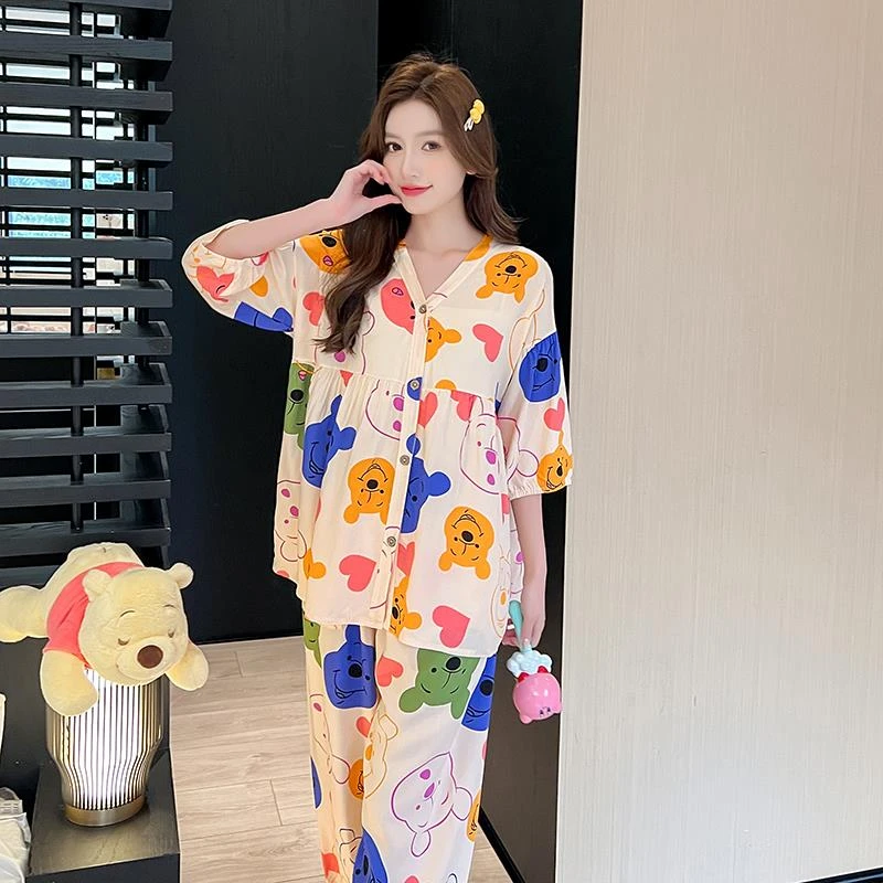 春秋款棉绸睡衣女夏季薄款大码宽松七分袖家居服开衫套装年轻外穿