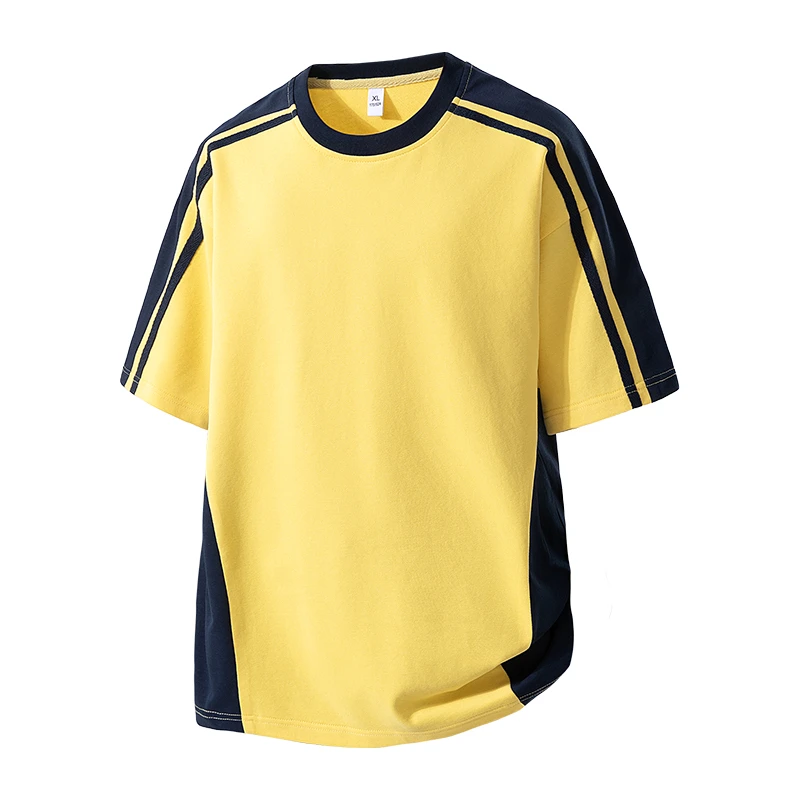 2025新款美式撞色拼接高街潮牌夏季休闲宽松百搭圆领男上衣T恤