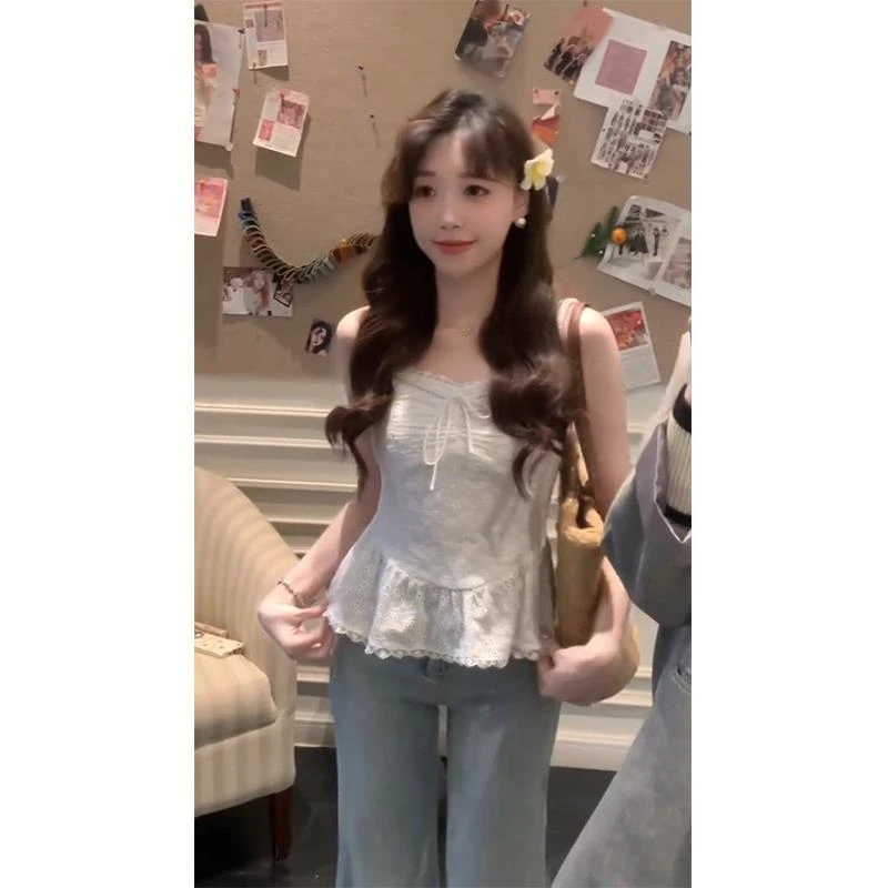 小奶盖 纯欲感甜美精致镂空蕾丝花边吊带背心无袖上衣设计感上衣