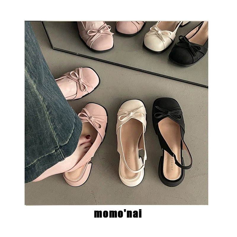 momo'nai法式蝴蝶结包头凉鞋女百搭配裙子后空粗跟玛丽珍单鞋